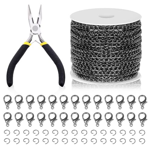 Swpeet 102Pcs Gun Black 3mm by 10 Yard Length Jewelry Making Chains Kit with Jump Rings, Lobster Clasps and Jewelry Plier, Necklace Chains Flat Cable Link Chain Bulk Ideal for DIY Craft Jewel Making - color: Gun Black