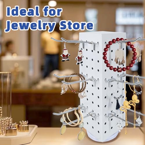Rotating Pegboard with 20 Peg Hooks 4-Sided Pegboard Spinning Display Stand 4 x 4 x 12 Inches, Keychain Display Stand for Retail Display, Earring Display (White) - color: White