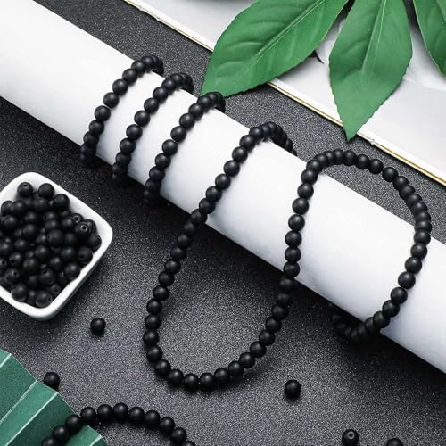 Ecally 300 Pieces Black Matte Onyx Beads Natural Black Agate Round Beads Frosted Onyx Gemstone Loose Beads for Bracelet Necklace Jewelry DIY Making (8 mm) - size: 8 mm