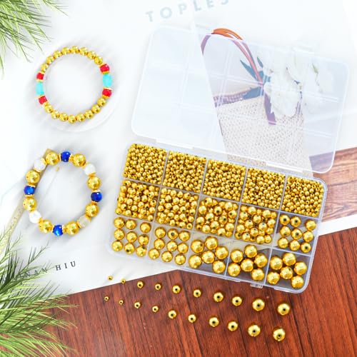 Laopottbeads 1225 Pcs Gold Beads with Oxidation-Resistant Finish, 4/6/8/10/12mm Round Beads DIY Kit for Bracelets, Earrings, Necklaces & Anklets - color: Golden, size: 4/6/8/10/12 mm, 1225 pcs
