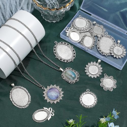 SUNNYCLUE 1 Box 16Pcs 8 Styles Silver Oval Bezel Pendant Trays Antique Metal Tibetan Alloy Blank Base Cabochons Round Frame Tray Pendants for Jewelry Making Photo Findings Necklace DIY Craftings - style: Style 1