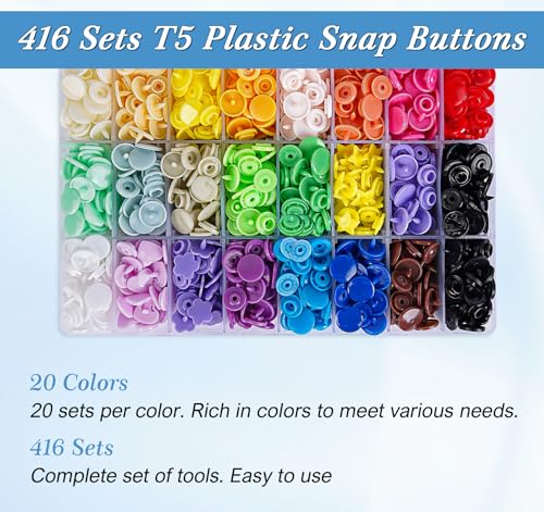 T5 Plastic Snaps, Lemonfiter 400 Sets Snap Button Kit with Snap Pliers Set, 20 Colors No-Sew Snaps for Sewing, Clothing Diapers Bibs Rain Coat Crafting - style: 20 Foam Color 400 Sets
