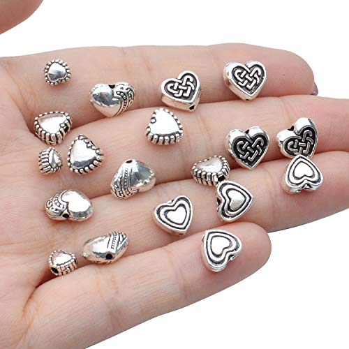 Aylifu 140pcs Antique Silver Heart Shape Spacers Alloy European Style Heart Beads Charms Spacer Bead Jewelry Heart Charms for DIY Bracelet Jewelry Making, 5 Sizes