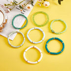 Ornaland 7Pcs Handmade Polymer Clay Heishi Surfer Stretch Bracelets Set Colorful Glass Beads Bracelets Boho Stackable Preppy Bracelets Wrist Jewelry for Women - color: Green