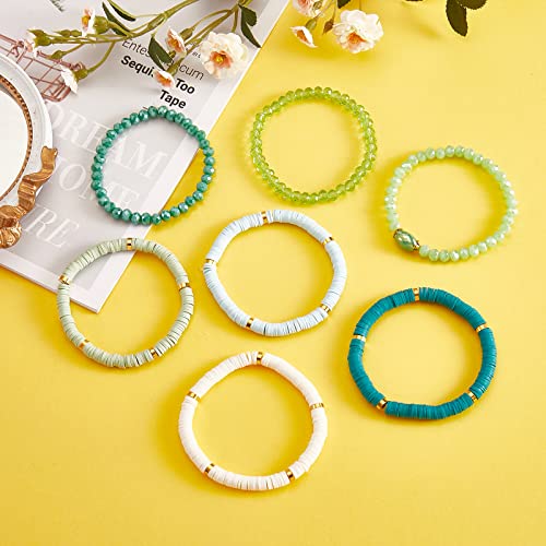 Ornaland 7Pcs Handmade Polymer Clay Heishi Surfer Stretch Bracelets Set Colorful Glass Beads Bracelets Boho Stackable Preppy Bracelets Wrist Jewelry for Women - color: Green