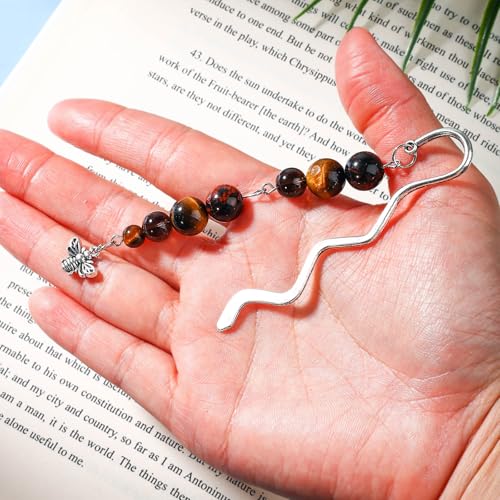 Vintage Metal Bee Bookmark Pendant with Natural Crystal Bead Chain–Elegant Bookmarks for Women,Men,Book Lovers,Teachers and Students(Tiger Eye) - style: Bee
