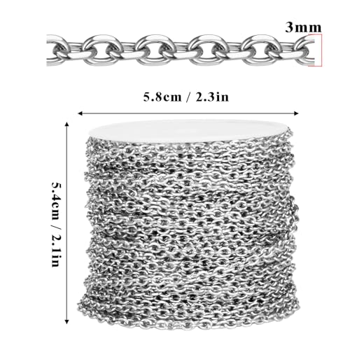 66 Feet Stainless Steel Rolo Cable Chain Bulk, 3.0mm 304 Stainless Steel Diamond-Cut Oval Rolo Cable Link Chains Roll Spool for Jewelry Making - color: Stainless Steel, size: 3.0mm width