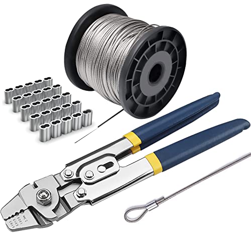 Wire Rope Crimping Tool Kit - 1/16" 304 Stainless Steel Cable (165ft, 7x7 Strand) + 100 Aluminum Ferrules + Crimper for Hunting, Tether, Outdoor Decor, Picture, String Light Hanging - color: Stainless Steel