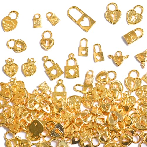 stino 100 Gram Metal Charms for Jewelry Making, Silver & Gold Plated, Bulk Pack for Bracelets, Necklaces, Crafts - color: Heart Lock Gold