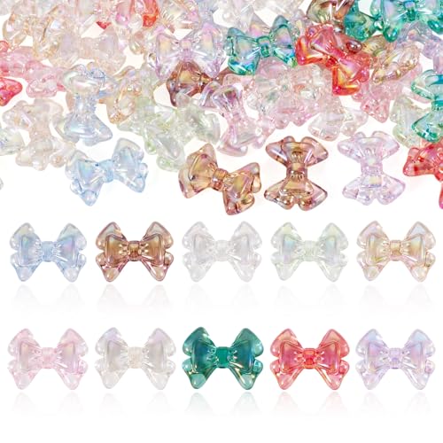 FASHEWELRY 50Pcs Clear Acrylic Bow Beads, 28mm Iridescent Colorful Lagre Bow Beads for Bracelet, 3D Cute Bowknot Focal Bead for Necklace Jewelry Making DIY Crafts Beadable Pens Keychain - color: Iridescent Mixed Color