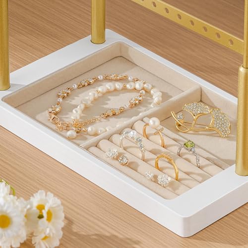 pickpiff Jewelry Organizer Holder Stand: 3 Tier Jewelry Storage Display for Necklace, Bracelet, Earring, Ring, White & Gold - color: gold & white