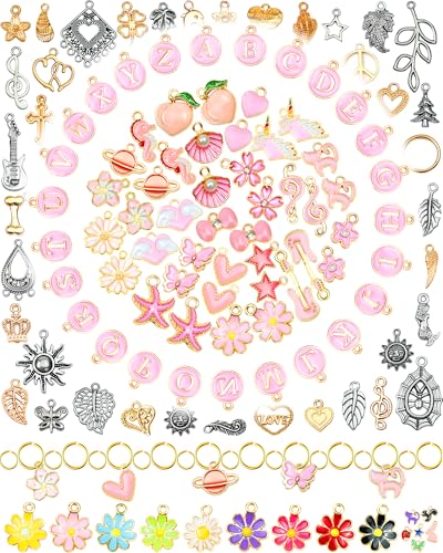 FIVEIZERO 216PCS Bracelet Charms for Jewelry Making – Assorted Gold & Silver Metal Enamel Pendants with Jump Rings for Necklaces, Earrings & DIY Jewelry Crafts(Pink) - color: Pink