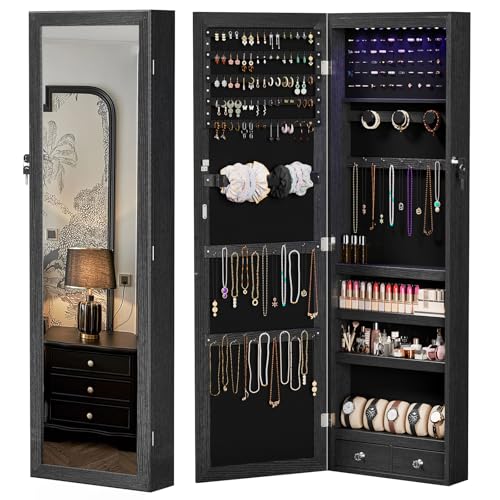 DUMOS 6 LEDs Mirror Jewelry Cabinet, Wall or Door Mounted Jewelry Organizer, 47.2-Inch Tall Lockable Large Capacity Cosmetic Storage, Gift Idea - color: Black