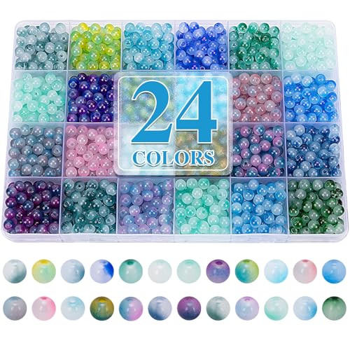 XSEINO About 1200+ pcs 6mm Glass Beads Bracelet Making Kit, 24 Assorted Blue Bi-Color Fusion Series Crystal Beads for Jewelry Making, DIY Crafts, Friendship Bracelets - color: Blue Bi-Color Fusion Series