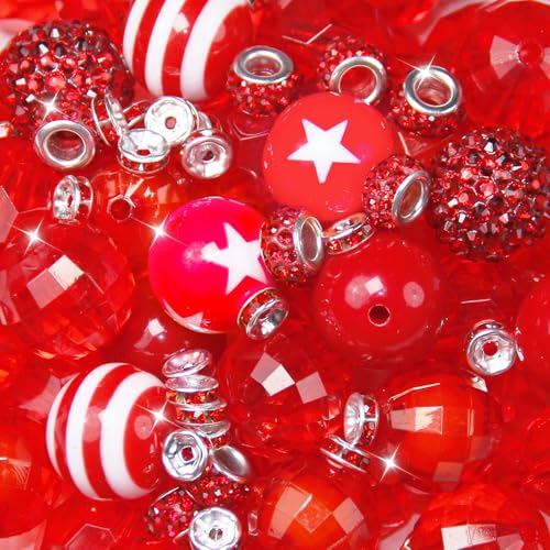 106Pcs 20mm Beads for Pens Making with Rondelle Spacer Beads Red Acrylic Focal Bubblegum Bead Crystal Round Sparkly Chunky Bead for Pens Beadable Keychain Necklace DIY Craft Jewelry Making Supplies - color: Red