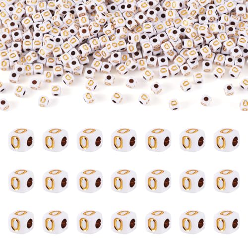 FASHEWELRY 500Pcs White Golden Letter Beads 4.5mm Square Alphabet Beads Acrylic Cube Letter O Beads for Friendship Bracelet Necklace Keychains Jewelry Making - color: Letter O