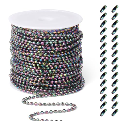 [50 Feet] Rainbow Stainless Steel Ball Bead Chains Roll, 2mm Width 304 Stainless Steel Ball Chains Spool with 30 PCS Connectors Bulk for Jewelry Making - color: Colorful, size: 2.0mm