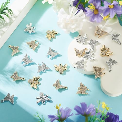 Craftdady Crystal Rhinestone Pendants Butterfly Heart Rhombus Bowknot Earring Charms Alloy Enamel Metal Pendants Light Gold Bracelet Charms for DIY Craft Necklace Jewelry Making - color: Platinum & Golden 6 Styles Butterfly Inset
