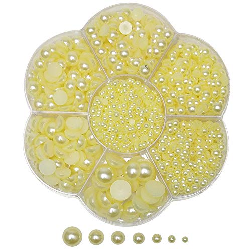 Chenkou Craft Random 1900pcs Light Yellow Assorted 7 Sizes (3/4/5/6/7/8/10mm) Imitation Half Pearl Bead Flat Back Gem Scrapbook Craft DIY Loose Beads + Plastic Box (Light-Yellow) - color: Light-yellow