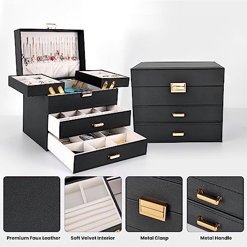 Dajasan Jewelry Organizer Box, Large Jewelry Boxes for Women Girls, Space-Saving 4 Layers Jewelry Storage Case with Drawer, Movable Metal Stand, Modern, Gift Idea (Black + Gold) - color: Black + Gold