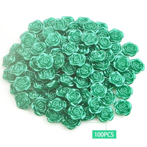100pcs 15 mm Lovely Rose Flower Beads Green ABS Plastic Roseflower Shape Spacer Beads Floral Flatback Charms Embellishments for DIY Necklace Earrings Jewelry Making Craft Supplies - color: Green