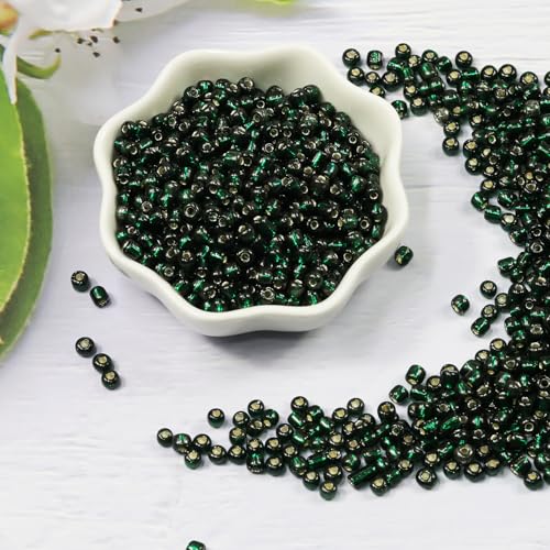 Transparent Dark Green with Silver Lined Beads Size 6/0 Crafts Glass Seed Beads 4mm for Jewelry Making (Total About 100g About 1200pcs) - color: Transparent Dark Green with Silver Lined, size: 4mm