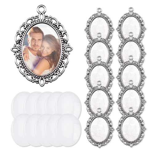20Pcs Photo Charms Cabochon Blanks Set 10Pcs Large Oval Pendant Trays with 10 Glass Cabochons for Memorial Jewelry Making Bridal Bouquet Charms DIY - color: silver