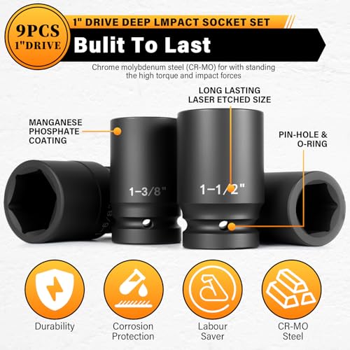 1" Drive Jumbo Impact Socket Set,9 PCS SAE (1",1-1/8",1-1/4",1-3/8",1-1/2",1-5/8",1-3/4",1-7/8",2") Universal Hex Deep Socket Combination,CR-MO Alloy Steel,Heavy Duty Storage Case - size: 1 Inch 9-Piece