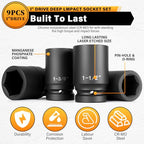1" Drive Jumbo Impact Socket Set,9 PCS SAE (1",1-1/8",1-1/4",1-3/8",1-1/2",1-5/8",1-3/4",1-7/8",2") Universal Hex Deep Socket Combination,CR-MO Alloy Steel,Heavy Duty Storage Case - size: 1 Inch 9-Piece
