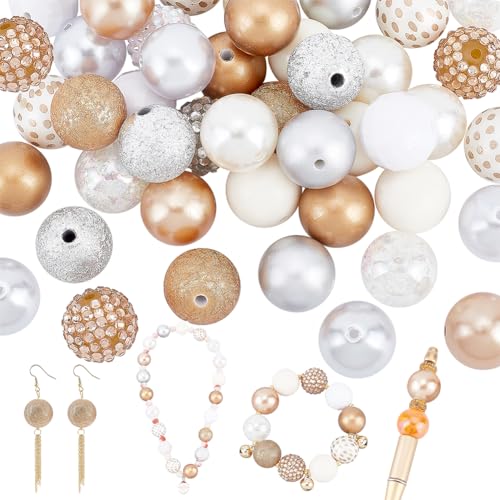 PH PandaHall 50pcs Gold Silver Acrylic Bubblegum Beads Christmas Pen Bead 20mm Chunk Beads Large Rhinestone Bead for Wedding Garland Jewelry Bracelet Necklace Pen Bag Chain Making - color: Gold