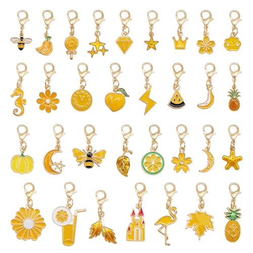 60PCS Enamel Charms Set with Golden Lobster Clasp, Assorted 30 Styles Animals Fruit Moon Star Clip-on Charm Pendants for Jewelry Making and Keychain Purse Decoration Crafts - color: Yellow