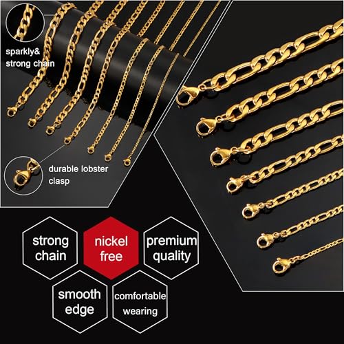 Monily Figaro Chain Necklace Stainless Steel 24K Gold Plated Chains for Men Women Jewelry Gift - color: 24K Gold-Plated, size: 20 Inches