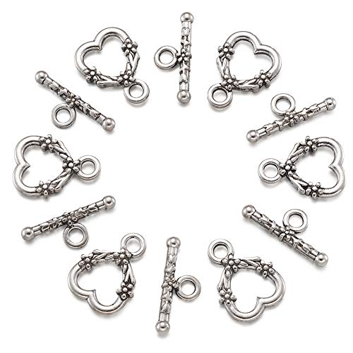 Craftdady 20 Sets Antique Silver Heart Toggle Clasps Tibetan T Bar Closure End Clasps for Bracelet Necklace Making - color: Antique Silver, 18.5x14mm