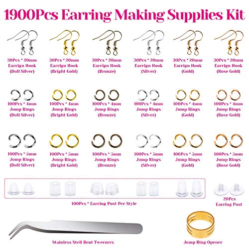 Anezus 1900 Pcs Earring Making Kit with Jewelry Hooks, Fish Hook Earrings, Backs, Jump Rings for Repair, Gifts