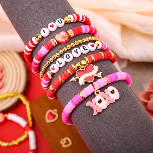 BONNY BOXX 3300PCs Valentine Day Clay Beads Set, Flat Round Disc Heishi Polymer Clay Beads with Letter Beads & Charms for Friendship Bracelet Making, Valentine Jewelry for DIY Crafts Birthday Gifts - color: Clay Beads Set - 003
