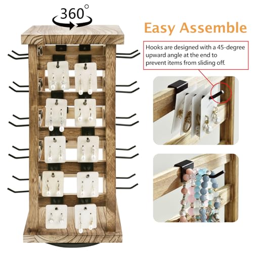 Ikee Design Wood Rotating Jewelry Display, Removable 42 Hooks Earring Display Stand, 5 Bars Earring Organizer Stand, Oak Color - color: 4 side, Oak, 42 hooks
