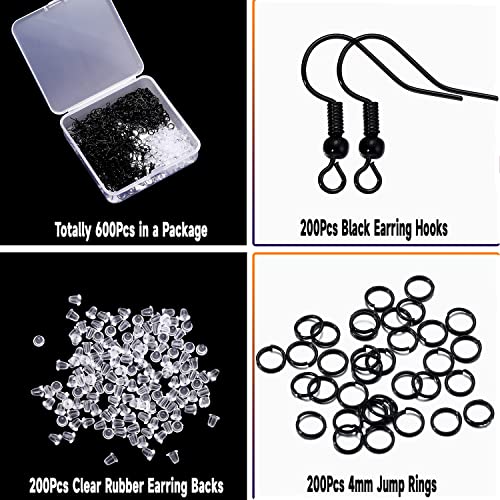 600Pcs Hypoallergenic Earring Hooks, Black Earring Making Kit, with Earring Backs and Jump Rings for Jewelry Making (Black) - color: Black