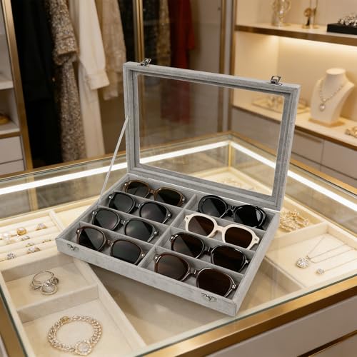 Wudygirl Jewelry organizer Sunglass Organizer 8 Slot Velvet Jewelry Tray Sunglasses Case with Lid Multi Eyeglass Case for Women Men（8 Grid - style: 8 Grid Jewelry Tray
