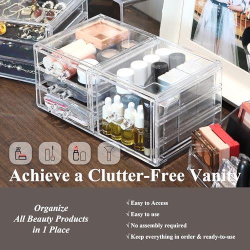 Sea Team Clear Makeup Organizer with Drawers, Acrylic Plastic Cosmetic Display Case, Jewelry Storage Box, Holder for Dresser, Bathroom, Vanity, Countertop (1 Large, 3 Small Drawers) - size: 1 Large, 3 Small Drawers
