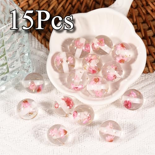 15Pcs Resin Beads Round 16mm Dried Flowers Pink Fit for DIY Jewelry Bracelet Necklace Keychain Beadable Pens Mobile Phone Chain Making Cute (Flower-Pink) - color: Flower-Pink