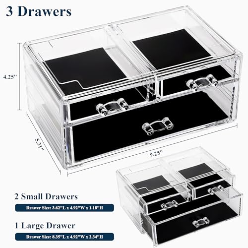 Sea Team Clear Makeup Organizer with Drawers, Acrylic Plastic Cosmetic Display Case, Jewelry Storage Box, Holder for Dresser, Bathroom, Vanity, Countertop (1 Large, 2 Small Drawers) - size: 1 Large, 2 Small Drawers