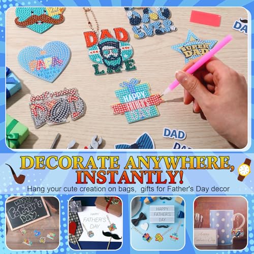 Huquary 24 Sets Father's Day Diamond Art Painting Keychains Kits 5D Dad Diamond Art Keyrings Charm Pendants for Adults Dad DIY Craft Gifts for Father's Day Daddy Birthday Party Favors Bags Decor - style: Dad