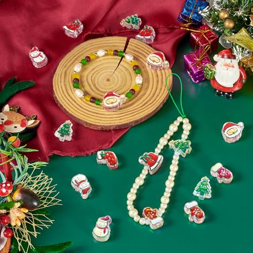 Beadthoven 24pcs Christmas Acrylic Beads, Red Green Crystal Focal Beads for Pens Keychain Making, Santa Claus Christmas Tree Gloves Stockings Snowman Loose Spacers for DIY Bracelets Jewelry Making - color: Christmas Patterns