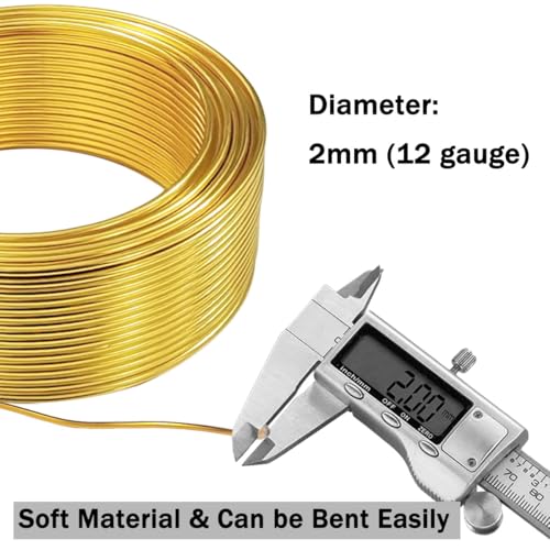 YEQIN 12 Gauge Aluminum Wire, 105 Feet 2mm Bendable Metal Craft Wire for Sculpting, Armature, Jewelry Making, Floral Making, Doll Making, Modelling, Crafting, Bonsai Training (Gold) - color: Gold