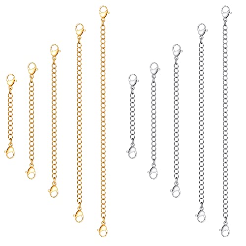 10Pcs Stainless Steel Necklace Extender Chain Links, Gold Silver Necklace Extenders for Bracelet Anklet Stainless Steel Chain Extenders for Jewelry Making 2in 3in 4in 5in 6in (5 Gold, 5 Silver) - color: Gold and Silver