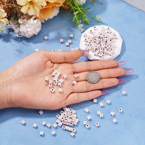 FASHEWELRY 500Pcs White Golden Letter Beads 4.5mm Square Alphabet Beads Acrylic Cube Letter H Beads for Friendship Bracelet Necklace Keychains Jewelry Making - color: Letter H