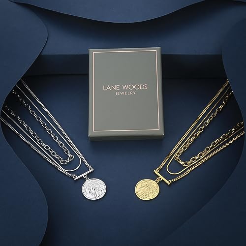 LANE WOODS Gold Plated Necklaces for Women - Multilayer Coin Medallion Pendant Necklace Adjustable Layering Choker Necklaces Chain Set Jewelry - style: Coin Medallion-Gold