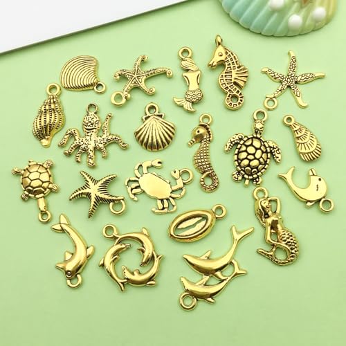 Sailanzi 100pcs Antique Golden Ocean Series Starfish Pendant Jewelry Making DIY Keychain Earrings Pendant Various Design Charms for Jewelry Making Bracelets Necklace (SN882) - color: SN882