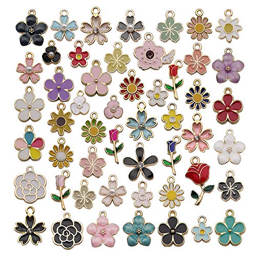 WOCRAFT 100 Pcs Assorted Gold Plated Mixed Enamel Flower Charms for Jewelry Making Necklace Bracelet Earring (M304)
