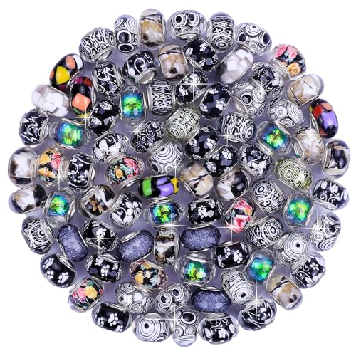 100 Pieces Assorted European Large Hole Fairy Wand Garden Beads, Mixed Color Lampwork Spacer Craft Beads for DIY Jewelry Making Supplies(Black) - color: Black
